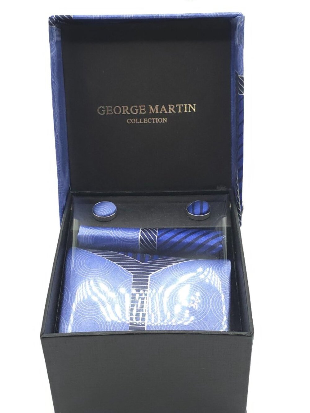 George Martin Collection Men's Blue Patterned Tie Set W/ Cufflinks & Pocket Squa - Picture 6 of 7